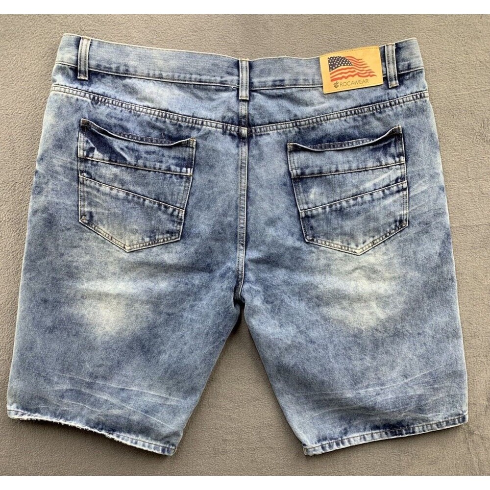 Rocawear Denim Shorts Mens Size 48X12 Blue Distressed American Flag Race Stripe
